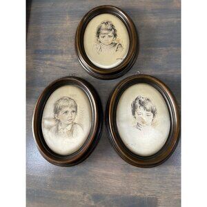 3 Vintage Italian Oval Frame Silk Print Wall Art Decor Child No Glass 8" x 6"
